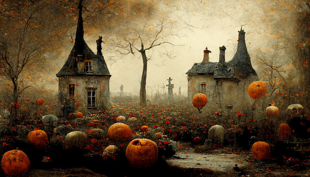witch village with pumpkins illustration for halloween. Halloween night pictures for wall paper.3D illustration. 