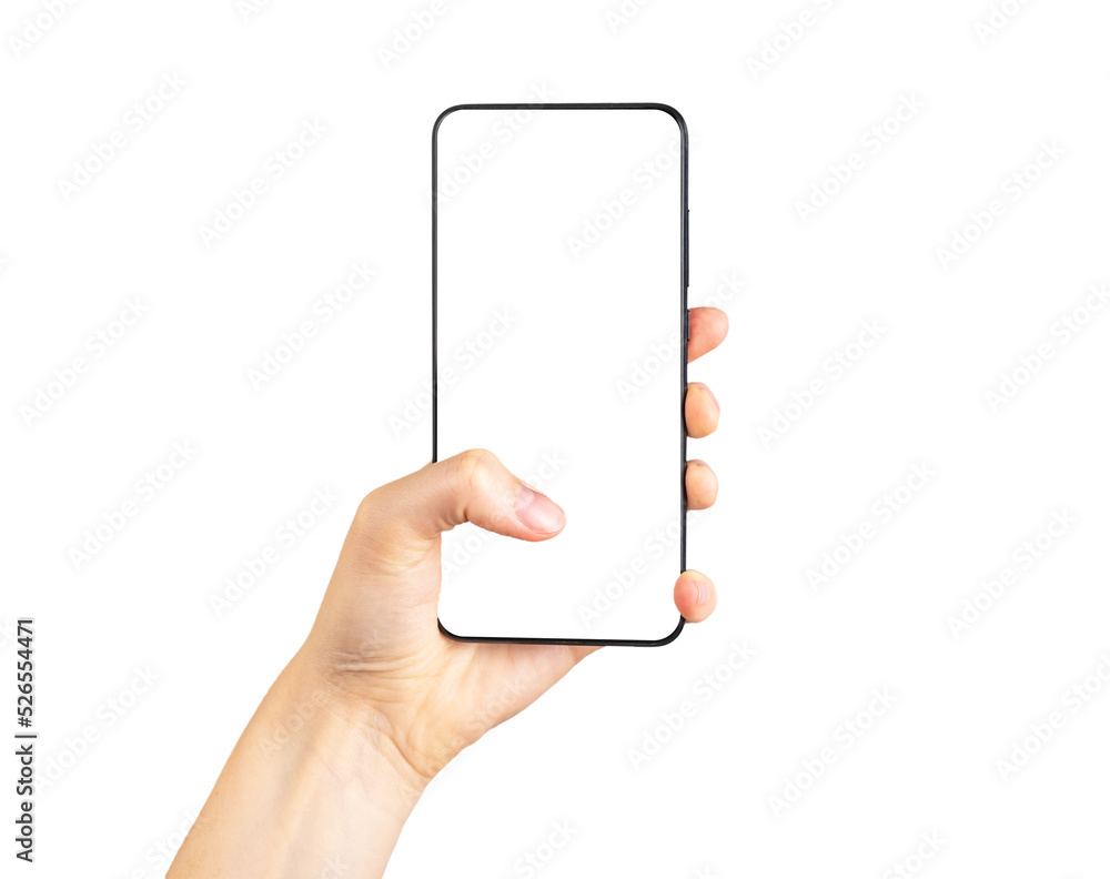 Poster finger clicking on phone mockup isolated on white background. smartphone template with empty screen.