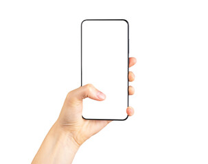 Finger clicking on phone mockup isolated on white background. Smartphone template with empty...