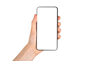 Hand holding phone mockup isolated on white background. Smartphone template.