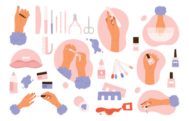 Manicure tools set. Women's hand and accessories collection. Products for nail care in the salon or at home. Beauty treatment aesthetic. Vector illustration in cartoon style. Isolated white background