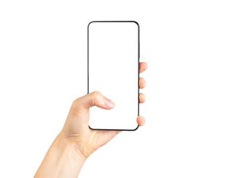 Finger clicking on phone mockup isolated on white background. Smartphone template with empty screen. Woman hand holding