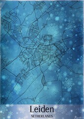 Christmas background, Chirstmas map of Leiden Netherlands, greeting card on blue background.