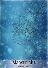 Christmas background, Chirstmas map of Maastricht Netherlands, greeting card on blue background.