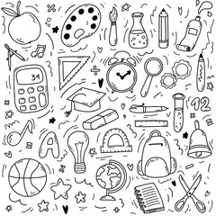 Set of doodle elements associated with school and knowledge. Back to school concept. School supplies as globe, ruler, backpack, pen, paints