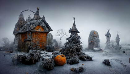 Witch Village with pumpkins in the mist.illustration halloween for wall paper.3D illustration. 