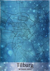 Christmas background, Chirstmas map of Tilburg Netherlands, greeting card on blue background.