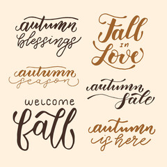 Set of autumn inspired phrases. Inspirational autumn handwritten quotes, lettering, modern brush calligraphy. - 526555602