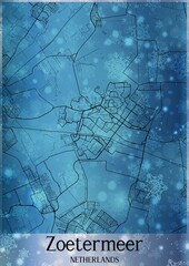Christmas background, Chirstmas map of Zoetermeer Netherlands, greeting card on blue background.