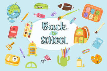 Back to school background with supplies. Colorful vector illustration
