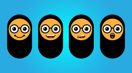 Obraz premium Set of muslim girl expressions in hijab icons. Facial expressions young moslem businesswoman wearing hijab. Arabian woman face covered with a scarf.