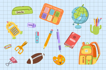 Back to school background with supplies. Colorful vector illustration
