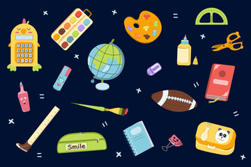 Back to school background with supplies on dark background. Colorful vector illustration