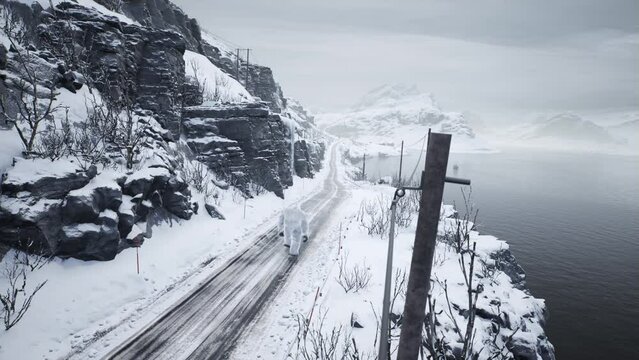 Winter Landscape Hairy Bigfoot Walks Snow Monster 3D Rendering Animation 4K