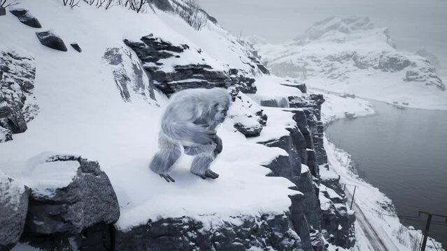 Yeti Eats Winter Mountains Landscape Monster 3D Rendering Animation 4K