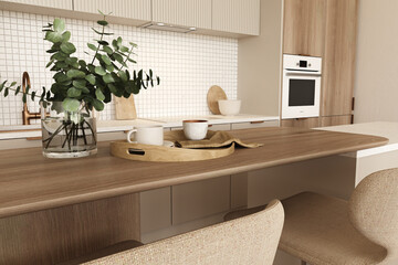 Close up view kitchen room interior with sink, oven and plant. Modern minimalist design. 3d render illustration.