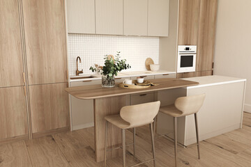 Fototapeta na wymiar Luxury kitchen interior with white marble and wooden floor, wooden countertops, island and bar table with stools. 3d render illustration.