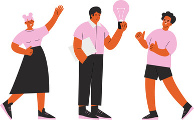New creative idea vector concept with flat positive characters. Teens, young adults support friend. Business team startup metaphor, man hold light bulb