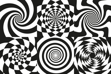 Hypnotic optical spirals background. Psychedelic spiral images, black art swirl patterns. 3d twist effect, surreal illusion tidy vector set - obrazy, fototapety, plakaty