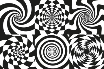 Foto op Plexiglas Hypnotic optical spirals background. Psychedelic spiral images, black art swirl patterns. 3d twist effect, surreal illusion tidy vector set © LadadikArt