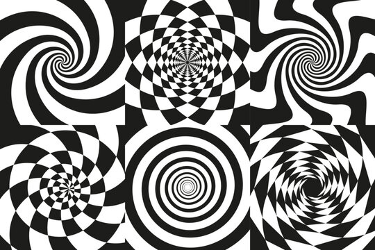 Hypnotic optical spirals background. Psychedelic spiral images, black art swirl patterns. 3d twist effect, surreal illusion tidy vector set