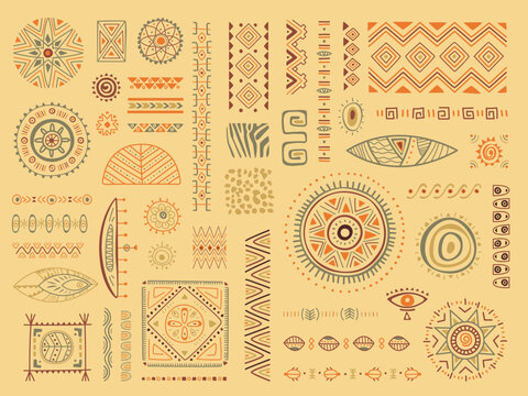 African ethnic ornaments collection. Tribal style mexican or maya texture. Geometric patterns and decoration, indian style borders. Classy vector decor set