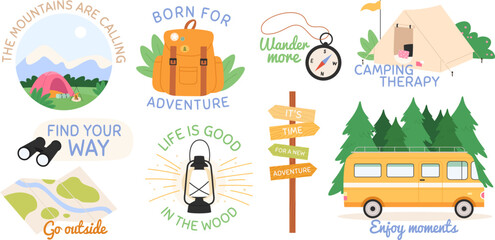 Fototapeta premium Forest adventure motivation badges. Nature tourist graphic sign, forest camp travel typography. Hiking explore hipster stickers, wild tourism racy vector labels