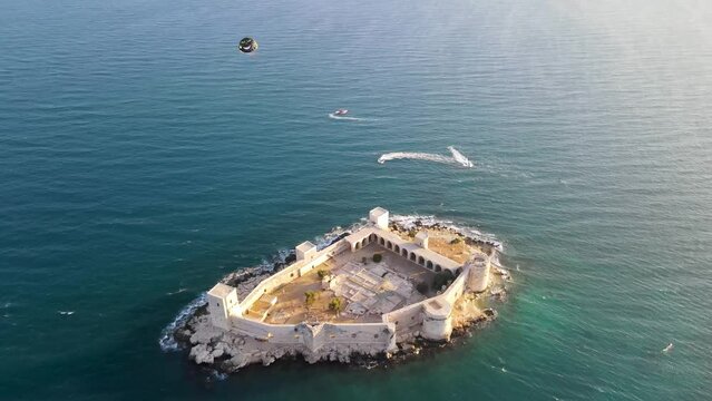 Aerial view of the maiden castle (Kiz Kalesi) in Mersin Turkey.