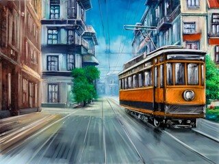 The art. Oil paintings landscape, old tram in old city.  Fine art, masterpieces paintings