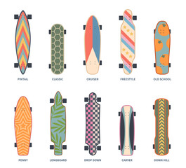 Color skate board set. Cartoon patterned longboards, decorative skateboards, different types, teenager hipster extreme sport equipment. Front view classic, carver and freestyle nowaday vector