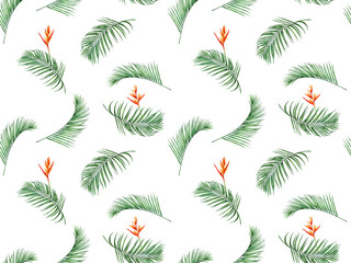 Watercolor painting palm leaves seamless pattern with flowers background.Watercolor hand drawn illustration tropical exotic leaf prints for wallpaper,textile Hawaii aloha jungle pattern.