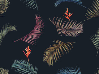 Fototapeta na wymiar Watercolor painting palm leaves seamless pattern with flowers background.Watercolor hand drawn illustration tropical exotic leaf prints for wallpaper,textile Hawaii aloha jungle pattern.