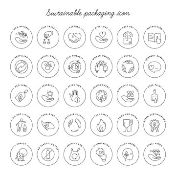 Vector set of linear circle design elements, logo templates, icons, and badges for eco packaging.