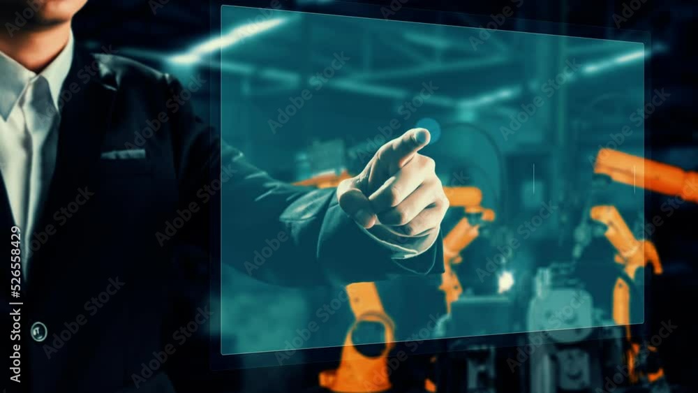 Poster engineer use cybernated robotic software to control industry robot arm in factory . automation manuf