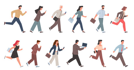 Fototapeta na wymiar Hurrying business people. Running employees and managers in office clothes, busy characters rushing to work, men and women with briefcases, watches and phones nowaday vector cartoon flat set