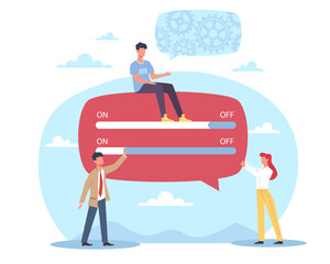 Online technology, customization application, adaptation website or service. Men and woman changing user interface. Team of programmers doing research and prototyping. Vector concept