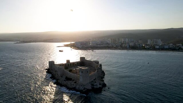 Aerial view of the maiden castle (Kiz Kalesi) in Mersin Turkey.