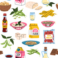 Soy products seamless pattern. Repeated soybean food, cartoon vegan tofu, noodles, sauce and milk, green proteins. Decor textile, wrapping, packaging design. Tidy vector background