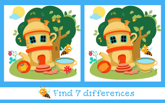 Find 7 differences. Game for children. Fairy tale ceramic teapot house with teacup pool in woods against tree background. Vector illustration.