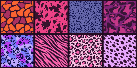 Very peri patterns. Modern colors animal fur and leather seamless prints, natural mammals textures, pink and purple scheme, zebra jaguar and tiger, giraffe and cow wrapping tidy vector set