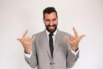 Portrait of emotional man with beard. Male in suit gesturing. Portrait, emotion concept