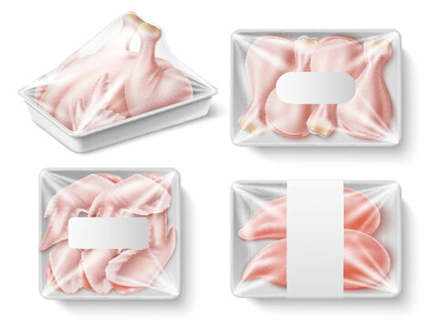 Tray packing chicken meat. Realistic raw turkey in plastic substrates with transparent polyethylene, products storage and packaging, whole poultry and parts, 3d elements utter vector set