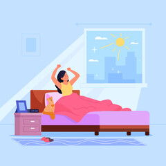 Wake-up woman. Morning sunlight and stretching beautiful girl in bedroom, wake up at bed sleep energy fresh new day, relax awake happy women person, cartoon vector illustration - obrazy, fototapety, plakaty