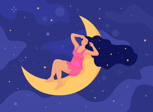 Woman rest on moon. Mystery girl calm dreaming and sleeping in night star sky, healthy deep sleep beautiful female with long dark hair wellbeing bedtime concept vector illustration