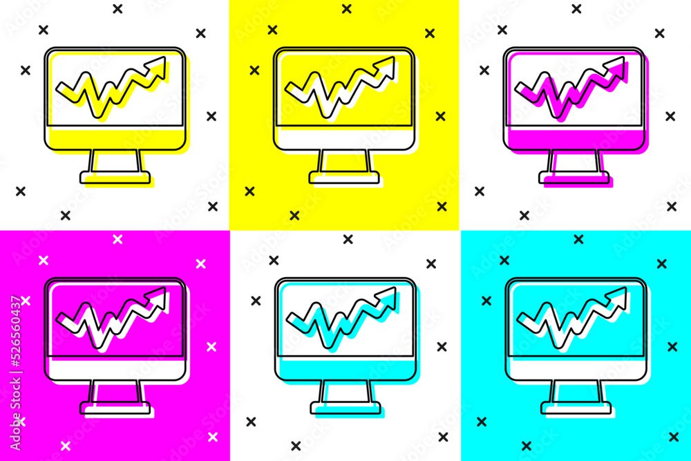 Poster set computer monitor with graph chart icon isolated on color background. report text file icon. acco