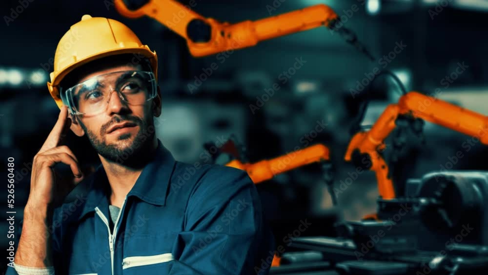 Poster engineer use cybernated robotic software to control industry robot arm in factory . automation manuf