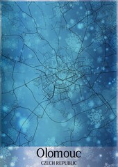 Christmas background, Chirstmas map of Olomouc Czech Republic, greeting card on blue background.