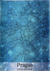 Christmas background, Chirstmas map of Prague Czech Republic, greeting card on blue background.