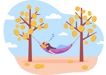 Relaxing on money tree. Independent employee or business man relax in hammock, freelancer resting and earn dollar cash internet investment, financial freedom vector illustration