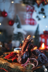 grilled barbecue meat ribs, veal, beef, lamb rack with vegetables, christmas bbq
